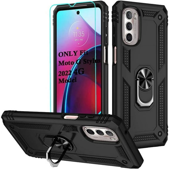 MYKOMI Compatible with Motorola Moto G Stylus 2022 4G Case with HD Screen Protector, Military-Grade Metal Ring Kickstand 15ft Drop Tested Shockproof Cover Case for Moto G Stylus 4G 2022