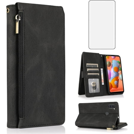 MYKOMI Compatible with Samsung Galaxy A11 Wallet Case and HD Screen Protector Zipper Leather Flip Cover Card Holder Stand Cell Accessories Phone Cases for Glaxay A 11 Gaxaly 11A Women Men Black