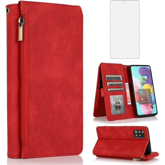 MYKOMI Compatible with Samsung Galaxy A51 5G/A 51 5G UW Verizon Wallet Case HD Screen Protector Zipper Leather Flip Cover Card Holder Stand Cell Accessories for 51A G5 S51 Women Men Red