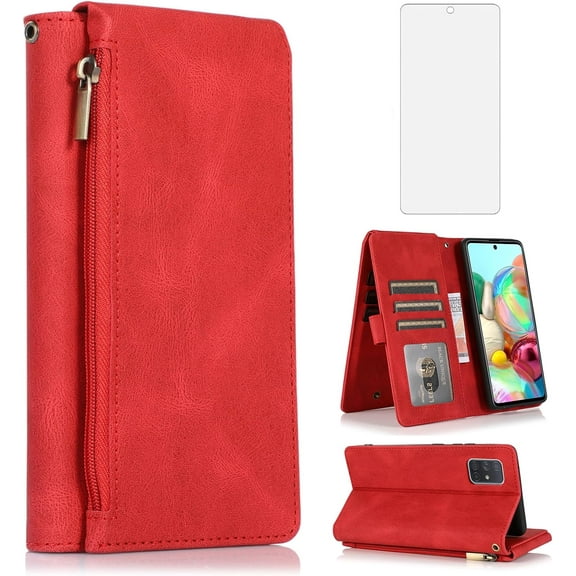 MYKOMI Compatible with Samsung Galaxy A71 5G Wallet Case HD Screen Protector Zipper Leather Flip Cover Card Holder Stand Accessories Phone Cases for Glaxay A 71 G5 Gaxaly 71A S71 Women Men Red