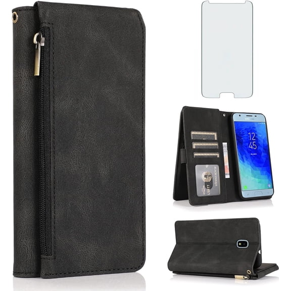 MYKOMI Compatible with Samsung Galaxy J3 Orbit J 3 Star 2018 3J Achieve Wallet Case HD Screen Protector Zipper Leather Flip Cover Card Holder for J3V V 3rd Gen SM J337A J337V J337 Women Men Black