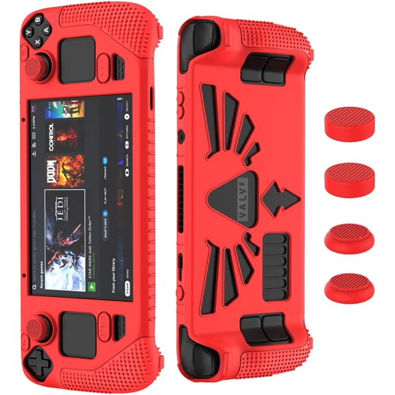MYKOMI Compatible with Steam Deck/Steam Deck OLED Standing Protective Case, Thickening Silicone Accessories Protector, Soft Cover Skin Shell, Full Protection for Valve Stream Deck (Red)