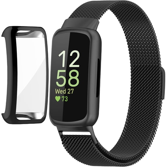 MYKOMI Compatible for Fitbit Inspire 3 Bands with Case, Metal Braided Strap Magnetic Clasp, Stainless Steel Mesh, Soft TPU Bumper Cover for Men Women