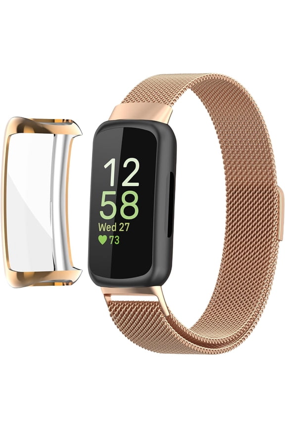 Compatible for Fitbit Inspire 3 Bands with Case, Metal Braided Strap Magnetic Clasp, Stainless Steel Mesh, Soft TPU Bumper Cover for Men Women