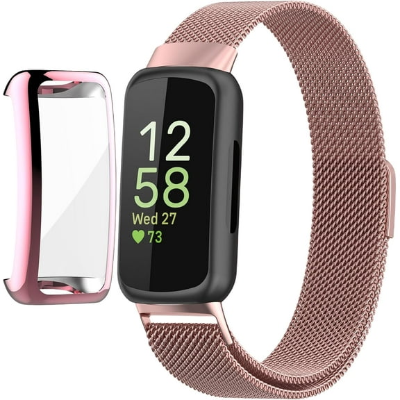 MYKOMI Compatible for Fitbit Inspire 3 Bands with Case, Metal Braided Strap Magnetic Clasp, Stainless Steel Mesh, Soft TPU Bumper Cover for Men Women