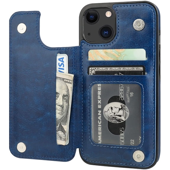 MYKOMI Compatible with iPhone 13 Wallet Case with Card Holder, PU Leather Kickstand Card Slots Case, Double Magnetic Clasp Durable Shockproof Cover 6.1 Inch(Blue)
