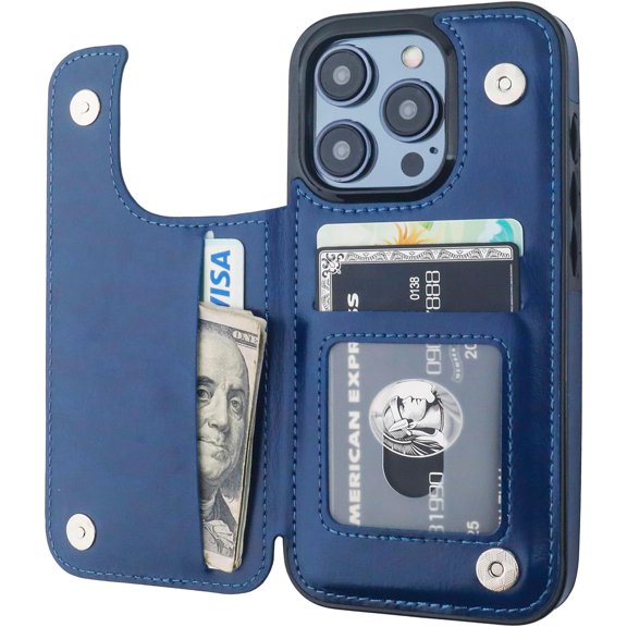 MYKOMI Compatible with iPhone 15 Pro Wallet Case with Card Holder, PU Leather Kickstand Card Slots Case, Double Magnetic Clasp and Durable Shockproof Cover 6.1 Inch (Blue)