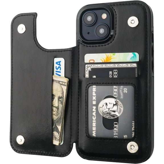 MYKOMI Compatible with iPhone 15 Wallet Case with Card Holder, PU Leather Kickstand Card Slots Case, Double Magnetic Clasp and Durable Shockproof Cover 6.1 Inch (Black)