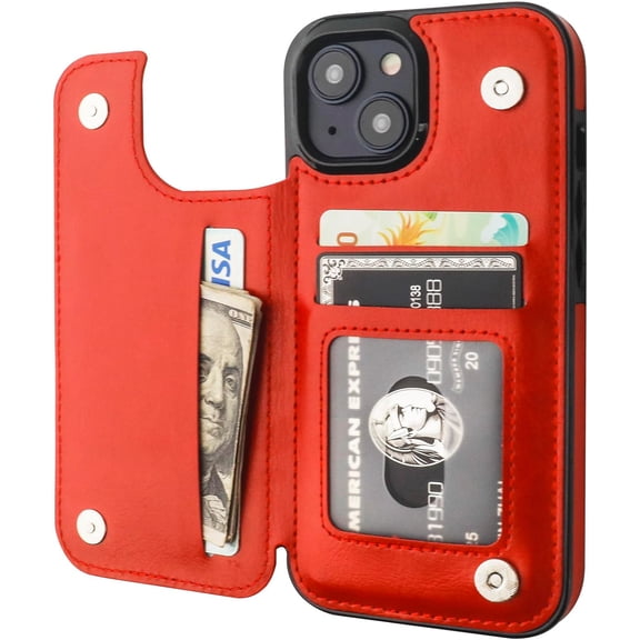 MYKOMI Compatible with iPhone 15 Wallet Case with Card Holder, PU Leather Kickstand Card Slots Case, Double Magnetic Clasp and Durable Shockproof Cover 6.1 Inch (Red)