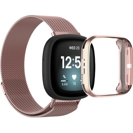 MYKOMI Compatible with Fitbit Versa 4 Band with Case, Metal Breathable Mesh Strap with Magnetic Clasp TPU Protective Bumper for Men Women