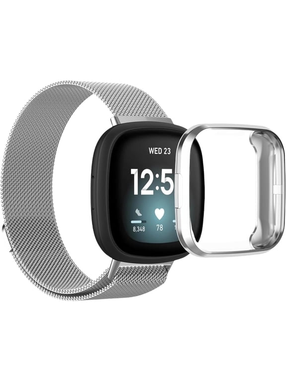 Compatible with Fitbit Versa 4 Band with Case, Metal Breathable Mesh Strap with Magnetic Clasp TPU Protective Bumper for Men Women