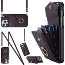 MYKOMI Crossbody Wallet Phone Case Compatible with Apple iPhone 12 Leather Case with Card Holder & 360° Ring Kickstand & Wrist Strap Purse Cover Magnetic Closure Flip Handbag Women Shell