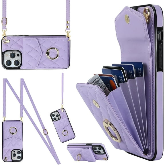 MYKOMI Crossbody Wallet Phone Case Compatible with Apple iPhone 13 Pro Max Leather Case with Card Holder & 360° Ring Kickstand & Wrist Strap Purse Cover Magnetic Closure Flip Handbag Women Shell