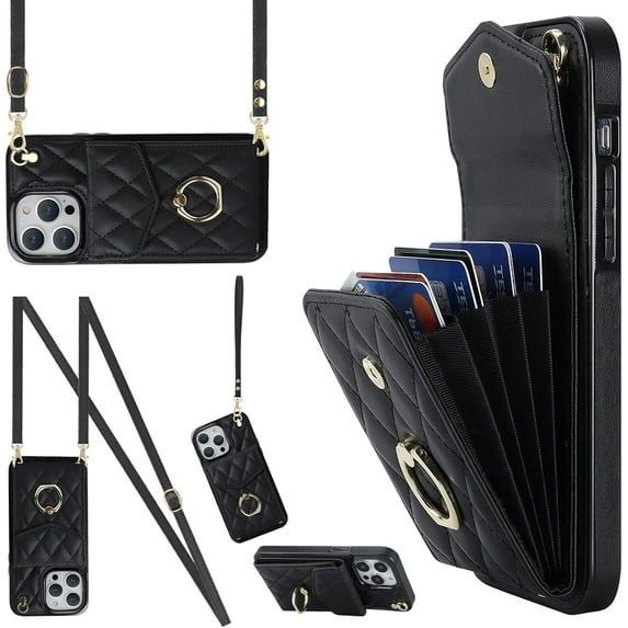 MYKOMI Crossbody Wallet Phone Case Compatible with Apple iPhone 7/8/SE2/SE3 Leather Case with Card Holder & 360° Ring Kickstand & Wrist Strap Purse Cover Magnetic Closure Flip Handbag Women Shell