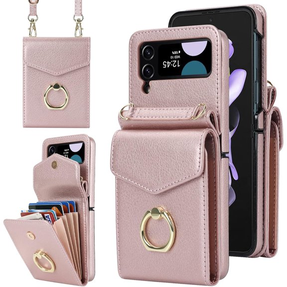 MYKOMI Crossbody Wallet Phone Case for Samsung Galaxy Z Flip 4 5G 2022 Leather Case with Card Holder & 360° Ring Kickstand Purse Cover Magnetic Closure Flip Handbag Shell