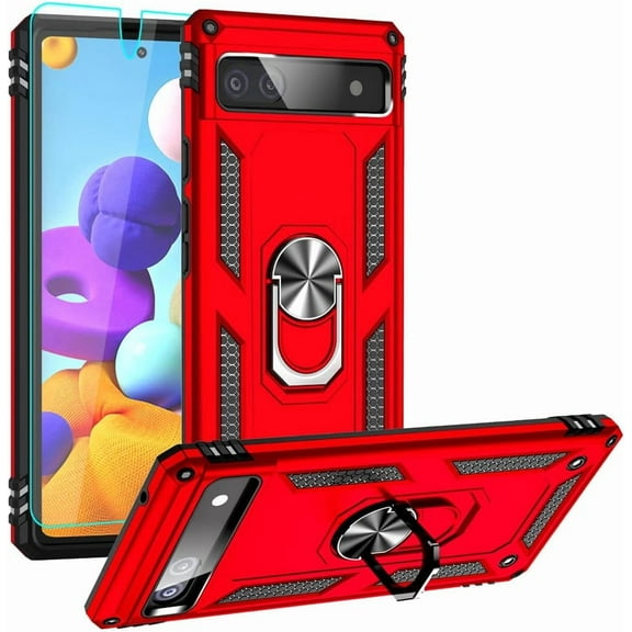 MYKOMI Designed for Google Pixel 6a Case with HD Screen Protector, Military-Grade Metal Ring Holder Kickstand 15ft Drop Tested Shockproof Cover Case for Pixel 6a