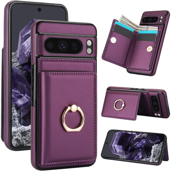 MYKOMI for Google Pixel 8 Pro Wallet Phone Case, Leather Case with Credit Card Holder and 360° Rotation Ring Stand, RFID Block Flip Leather Shockproof Cover