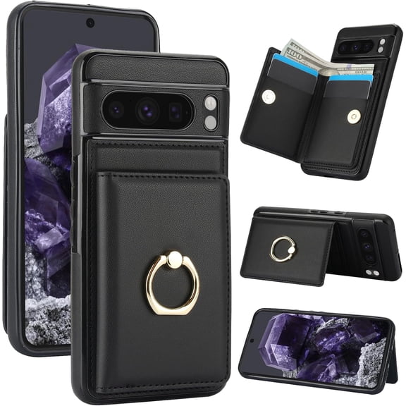 MYKOMI for Google Pixel 8 Pro Wallet Phone Case, Leather Case with Credit Card Holder and 360° Rotation Ring Stand, RFID Block Flip Leather Shockproof Cover