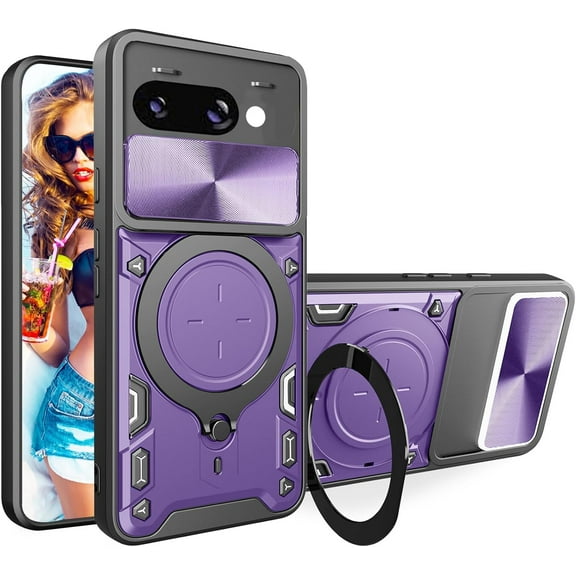 MYKOMI for Google Pixel 9a 6.3" Armor Case with Magnetic Ring Kickstand, Rugged Military Grade Shockproof Case with Slide Camera Lens Cover for Google Pixel 9a