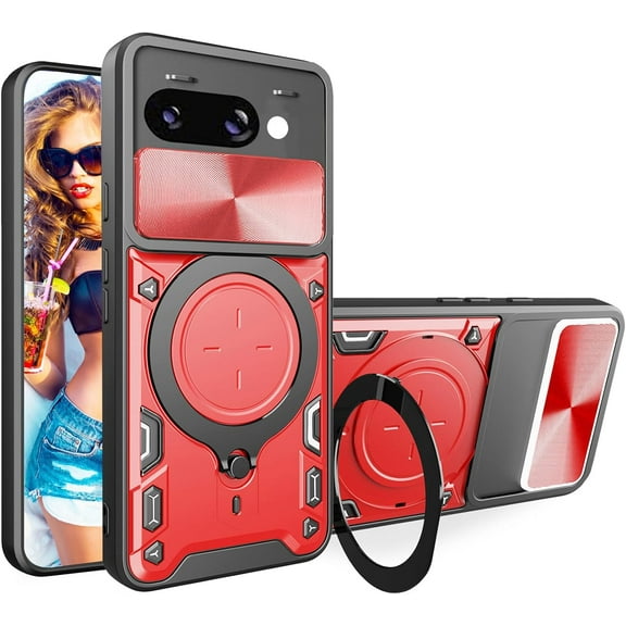 MYKOMI for Google Pixel 9a 6.3" Armor Case with Magnetic Ring Kickstand, Rugged Military Grade Shockproof Case with Slide Camera Lens Cover for Google Pixel 9a