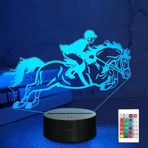 MYKOMI Kids 3D Horse Race Night Light Optical Illusion Horse Riding Lamp with 16 Colors Remote Control Changing Birthday Gift Idea for Boys and Girls