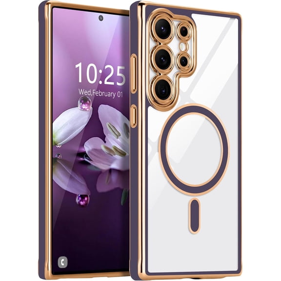 MYKOMI Magnetic Compatible with Samsung Galaxy S24 Ultra Case [Compatible with MagSafe] Full Camera Lens Protector Luxury Plating Soft Clear Silicone Cover for Women Men Shockproof Phone Case