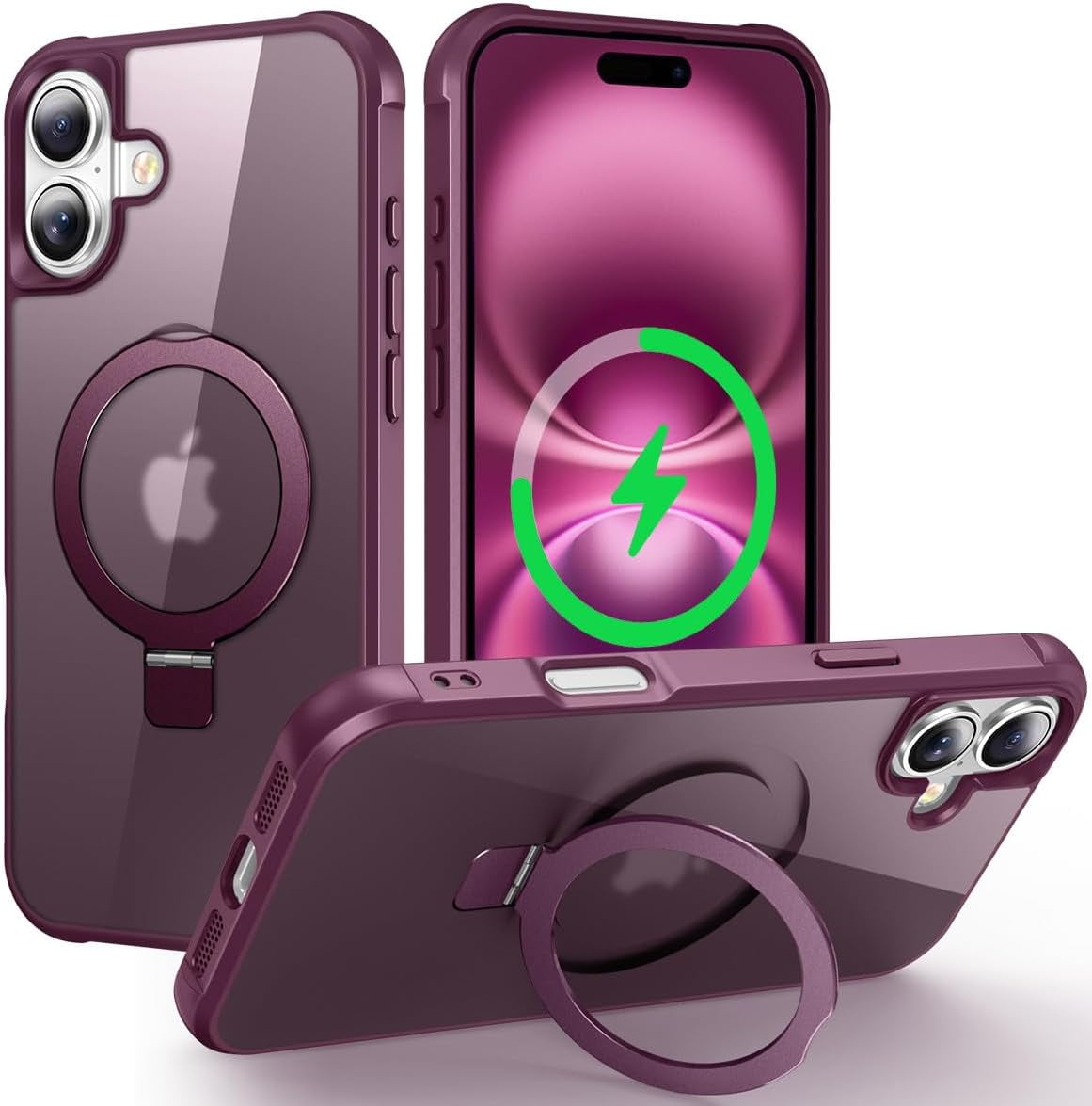 Magnetic For IPhone 13 Case With Stand [Military Grade Drop Tested Compatible With Magnet Ring Translucent Slim Hard Back Soft Edge Wine Red - View #3