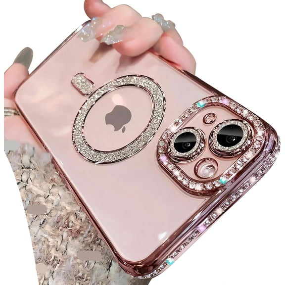 MYKOMI Magnetic Glitter Diamond for iPhone 15 Pro Max Case[Compatible with MagSafe] Sparkle Rhinestone Camera Lens Protector Plated,Crtstal Clear Slim Military Drop Shockproof Cover for Women
