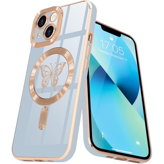 MYKOMI Magnetic for iPhone 13 Case for Women Girls [Compatible with MagSafe] [Camera Protection] Bling Luxury Cute Butterfly Plating Anti-Scratch Silicone Cover Phone Case for iPhone 13