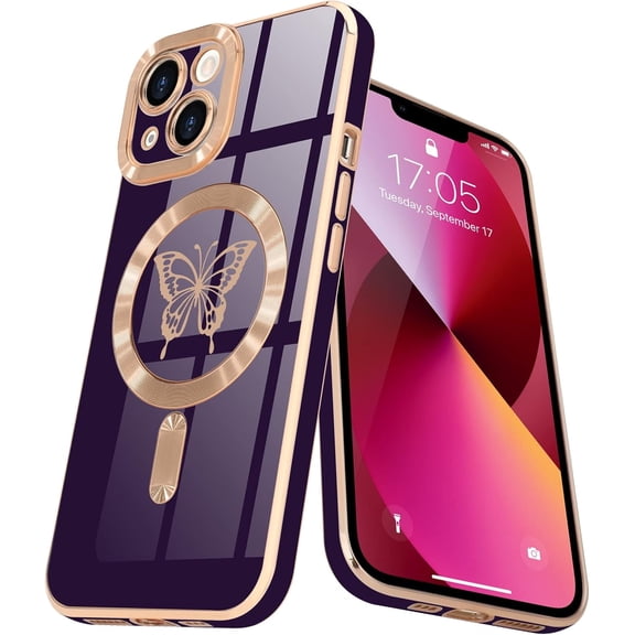 MYKOMI Magnetic for iPhone 13 Case for Women Girls [Compatible with MagSafe] [Camera Protection] Bling Luxury Cute Butterfly Plating Anti-Scratch Silicone Cover Phone Case for iPhone 13