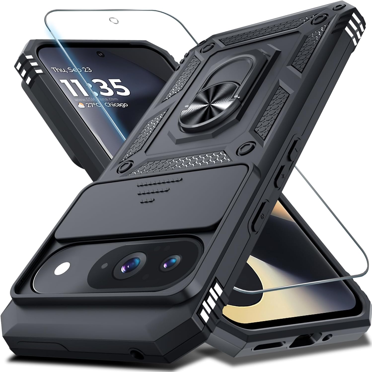 MYKOMI Phone Case Compatible with Google Pixel 9 Pro XL Built in Slide Camera Lens Cover+Screen Protector+Finger Ring Holder Kickstand,Heavy Duty Shockproof Full Body Protective Phone Cover