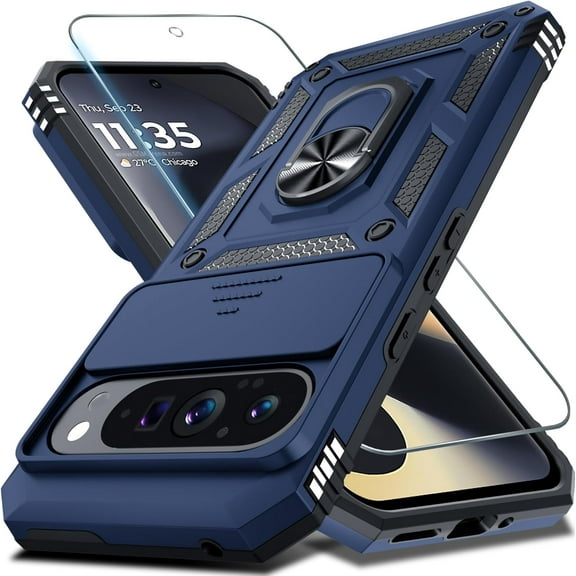 MYKOMI Phone Case Compatible with Google Pixel 9 Pro XL Built in Slide Camera Lens Cover+Screen Protector+Finger Ring Holder Kickstand,Heavy Duty Shockproof Full Body Protective Phone Cover