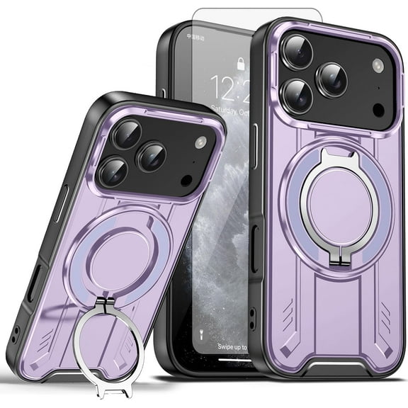 MYKOMI Phone Case Compatible with iPhone 17 Pro Max 6.9 inch Tempered Glass Screen Protector Magnetic Ring Holder Stand Kickstand Wireless Charging i Phone17 ProMax 17ProMax Cover for Women