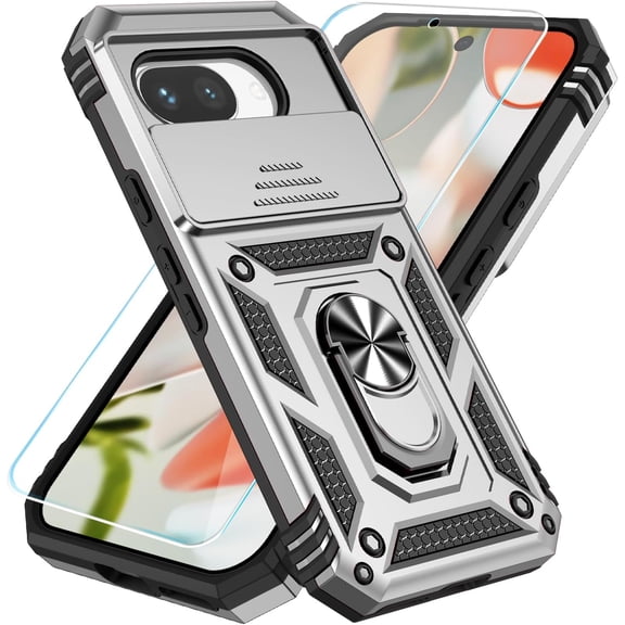 MYKOMI Phone Case for Google Pixel 9A Case with HD Screen Protector & Slide Camera Cover & Rotated Ring Kickstand, [Military-Grade] Phone Case for Google Pixel 9A