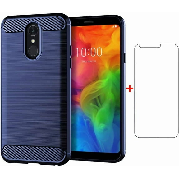 MYKOMI Phone Case for LG Q7 Q7+ Plus 7Q Alpha with Tempered Glass Screen Protector Cover and Slim Thin Soft TPU Mobile Rugged Cell Accessories Protective LGQ7+ Q7plus Q7a Women Men Carbon Fiber Blue