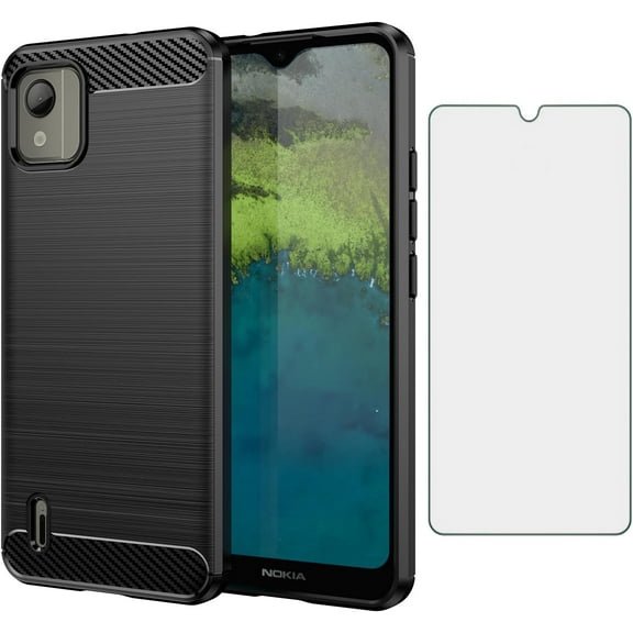 MYKOMI Phone Case for Nokia C110 with Tempered Glass Screen Protector Cover and Cell Accessories Slim TPU Rubber Soft Silicone Hybrid Protective C 110 4G N156DL Women Men Carbon Fiber Black
