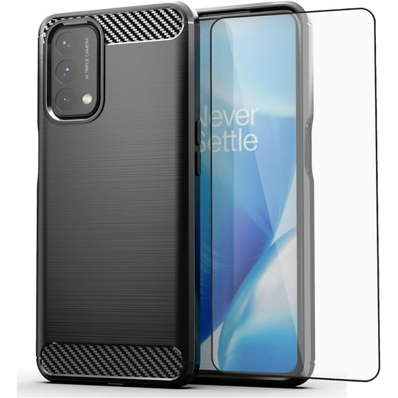 MYKOMI Phone Case for OnePlus Nord N200 5G with Screen Protector Cover and Slim Cell Accessories Protective One Plus N 200 G5 1 Plus 200N 1plus One+ 1+ N2005G 2021 Women Men Carbon Fiber Black