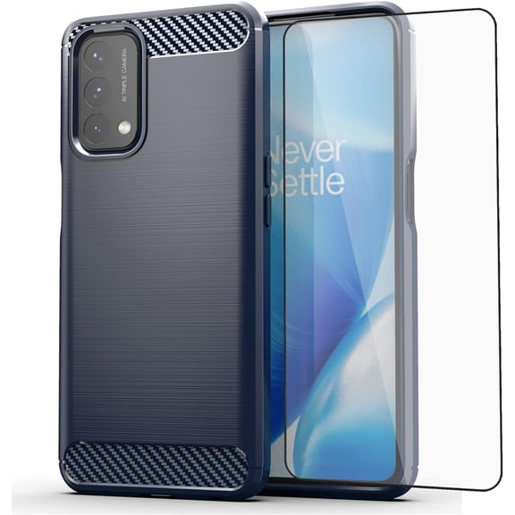 MYKOMI Phone Case for OnePlus Nord N200 5G with Screen Protector Cover and Slim Cell Accessories Protective One Plus N 200 G5 1 Plus 200N 1plus One+ 1+ N2005G 2021 Women Men Carbon Fiber Navy Blue
