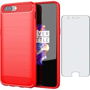 MYKOMI Phone Case for Oneplus 5 with Tempered Glass Screen Protector Cover and Cell Accessories Protective Slim TPU Silicone Oneplus5 A5000 One Plus5 1 Plus 1plus Five One+ + 1+5 1+ 5 Women Men Red