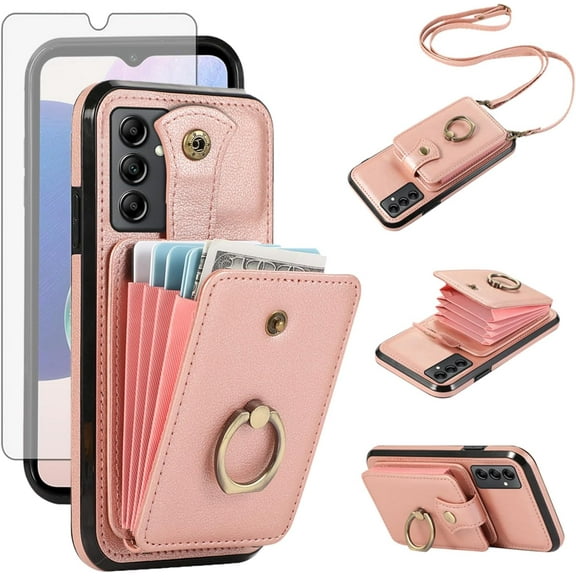 MYKOMI Phone Case for Samsung Galaxy A24 4G/5G Wallet Cell Cover with HD Screen Protector and Crossbody Strap Ring Stand RFID Credit Card Holder A 24 24A LTE Women Girls