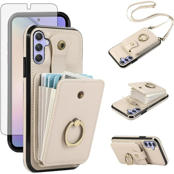 MYKOMI Phone Case for Samsung Galaxy A25 5G Wallet Cell Cover with HD Screen Protector and Crossbody Strap Ring Stand RFID Credit Slot Card Holder Leather A 25 25A Women Men Girls