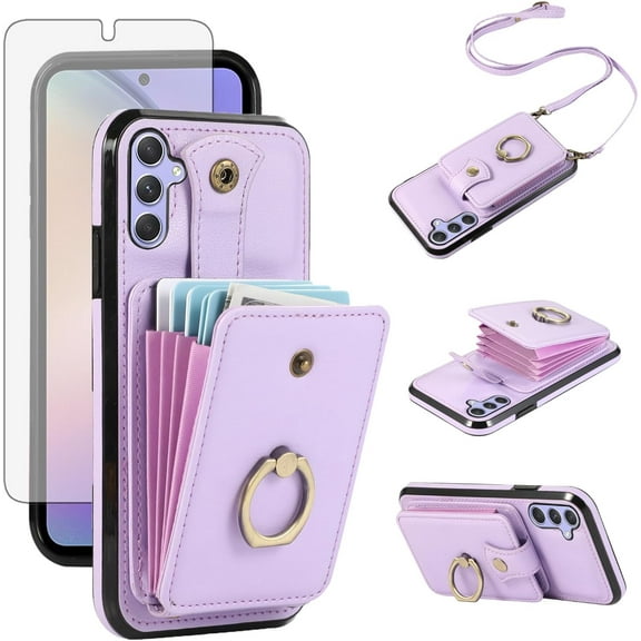 MYKOMI Phone Case for Samsung Galaxy A25 5G Wallet Cell Cover with HD Screen Protector and Crossbody Strap Ring Stand RFID Credit Slot Card Holder Leather A 25 25A Women Men Girls