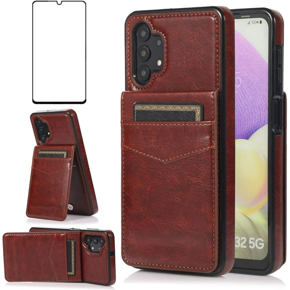 MYKOMI Phone Case for Samsung Galaxy A32 5G 6.5 inch with HD Screen Protector Credit Card Holder Wallet Cover Stand Leather Cell Accessories Glaxay A 32 32A S32 G5 A326U Cases Women Men Brown