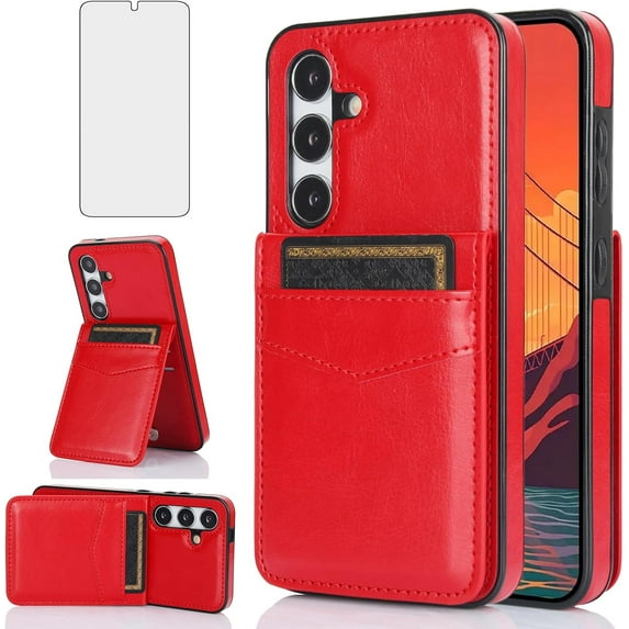 MYKOMI Phone Case for Samsung Galaxy A35 5G with HD Screen Protector Credit Card Holder Wallet Cover Stand Leather Cell Accessories Glaxay A 35 35A A355G SM-A356U A356E Women Men Red
