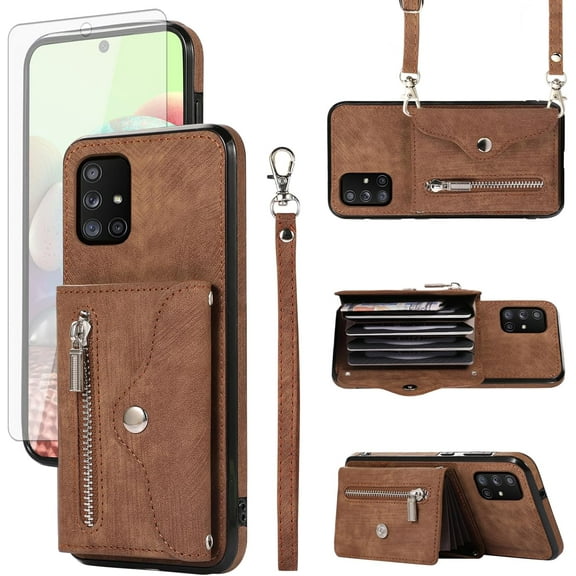 MYKOMI Phone Case for Samsung Galaxy A71 5G Wallet Cover with HD Screen Protector and Wrist Crossbody Strap Lanyard Credit Shoulder Card Holder Slot Stand Leather Cell A 71 G5 71A S71