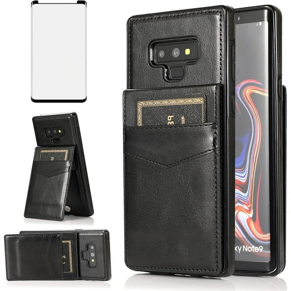MYKOMI Phone Case for Samsung Galaxy Note 9 with HD Screen Protector and Credit Card Holder Wallet Cover Stand Leather Cell Accessories Galaxies Note9 Gaxaly Glaxay Not S9 Cases Women Men Black