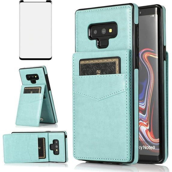 MYKOMI Phone Case for Samsung Galaxy Note 9 with HD Screen Protector and Credit Card Holder Wallet Cover Stand Leather Cell Accessories Galaxies Note9 Gaxaly Glaxay Not S9 Cases Women Men Green