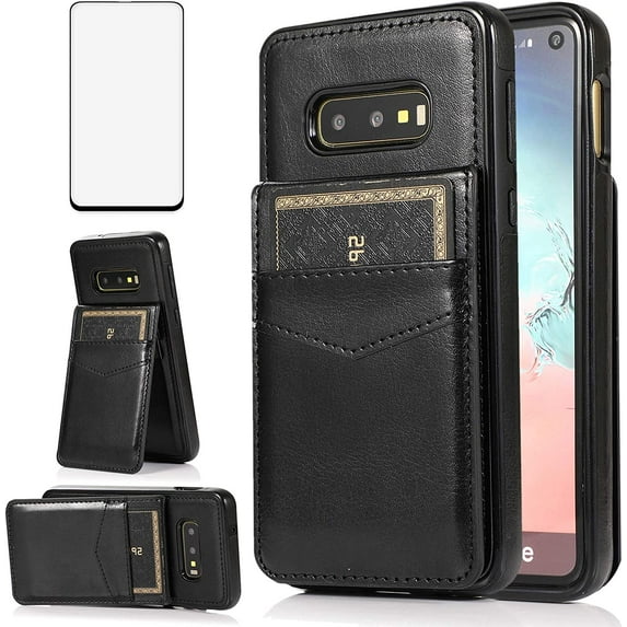 MYKOMI Phone Case for Samsung Galaxy S10e with HD Screen Protector and Credit Card Holder Wallet Cover Stand Leather Cell Accessories Glaxay S 10e Gaxaly 10se Galaxies Se10 Cases Women Men Black