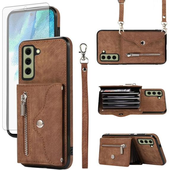 MYKOMI Phone Case for Samsung Galaxy S21 FE 5G Wallet Cover with HD Screen Protector Wrist Crossbody Strap Lanyard Credit Card Holder Stand Leather Cell S 21 EF S21FE5G UW S21FE 21S G5