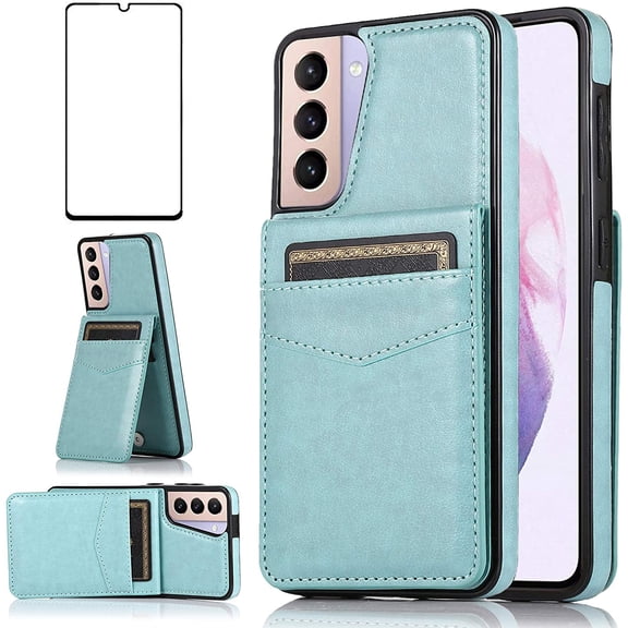 MYKOMI Phone Case for Samsung Galaxy S21 Glaxay S 21 5G 6.2 inch with HD Screen Protector and Credit Card Holder Wallet Cover Stand Leather Cell Accessories Gaxaly 21S G5 Cases Women Men Green